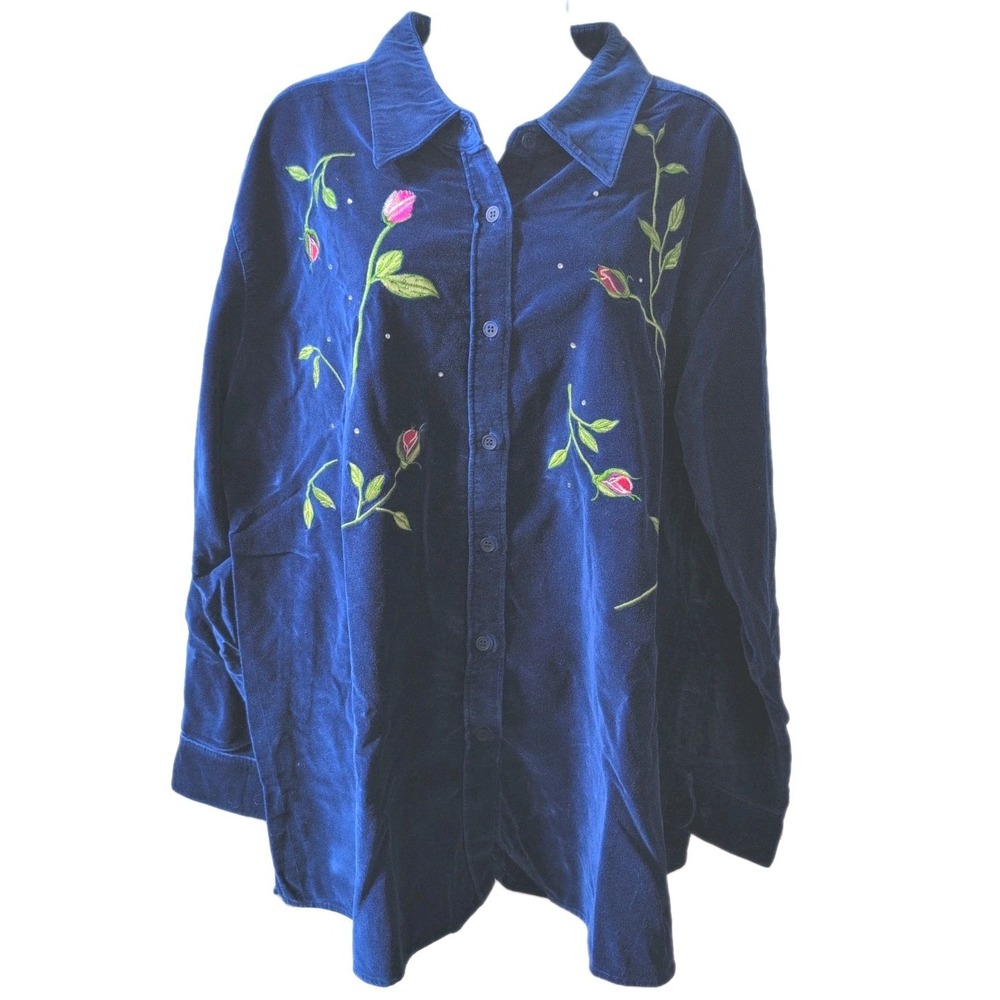 Quacker Factory Women 2X Blue Velour Velvet Flower Button Down Shirt - New